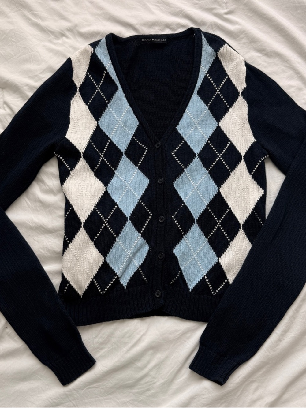 Brandy Melville Navy Light Blue & White Argyle V‑Neck Cardigan Collegiate Core